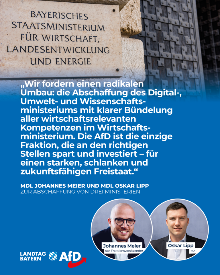 Johannes Meier / Oskar Lipp: AfD fordert Abschaffung von drei Ministerien – Wir wollen Kompetenzen im Wirtschaftsministerium bündeln und 100 Millionen Euro einsparen!