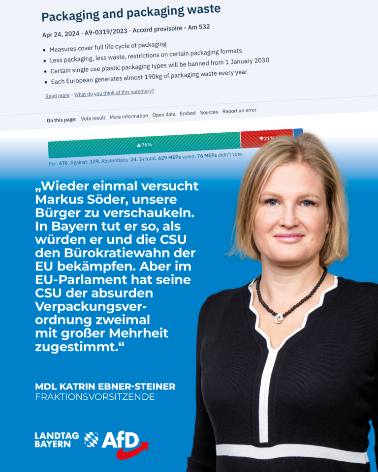 Katrin Ebner-Steiner: Dreiste CSU-Bürgertäuschung: Söder kritisiert EU-Verpackungsverordnung – Aber die CSU hat diesem Bürokratie-Irrsinn im EU-Parlament zugestimmt!